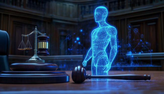 A courtroom setting with a gavel and digital holograms representing AI deepfakes, highlighting the clash between law and technology.