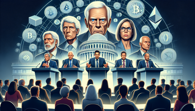 An intense political debate scene featuring President Biden, Senator Warren, and crypto advocates like John Deaton and Tom Emmer. The backdrop should include elements of cryptocurrency symbols like Bitcoin and Ethereum, along with imagery of the U.S. Capitol.