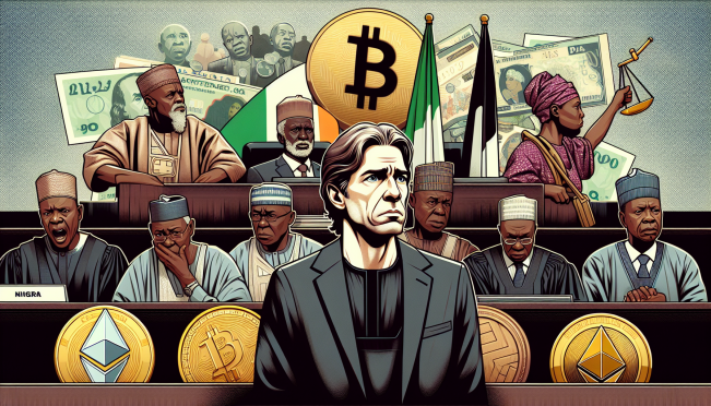 A tense courtroom in Nigeria, with Tigran Gambaryan in the foreground, looking distressed, and Nigerian officials in the background. The scene should include elements representing cryptocurrency and the financial crisis, such as digital currency symbols and a collapsing naira.