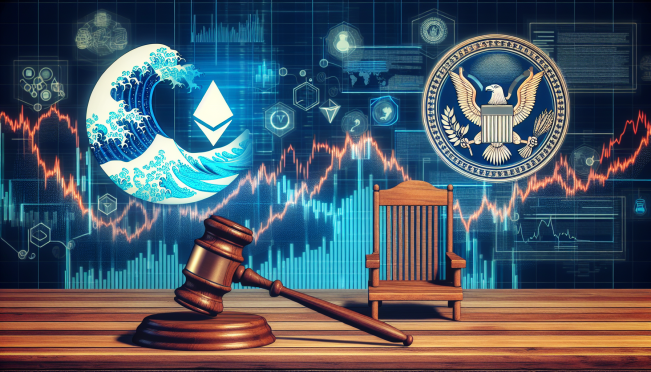 A digital courtroom with Ripple and SEC logos on opposing sides, a gavel in the foreground, and a background of rising Solana meme coin graphs, illustrating the week's legal and market dynamics in the crypto world.