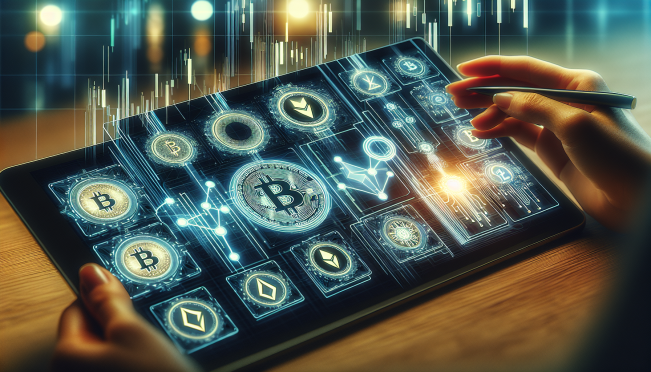 financial charts on a futuristic digital interface with cryptocurrency symbols