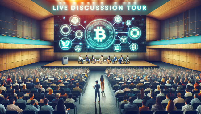 Generate an image depicting a large auditorium filled with people, a prominent stage with a banner reading 'Tucker Carlson Live Tour', and Swan Bitcoin logos. Include imagery of Bitcoin symbols, and some notable figures in politics and cryptocurrency discussing on stage.