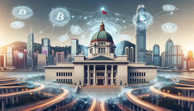 An illustration of Hong Kong's Legislative Council with digital assets like Bitcoin and Ethereum floating around, symbolizing the integration of crypto and Web3 technology in a futuristic cityscape.