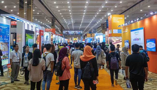 A bustling conference hall in Jakarta with diverse attendees, including fintech leaders, technologists, and investors, engaging in discussions and viewing exhibits of cutting-edge financial technology solutions.