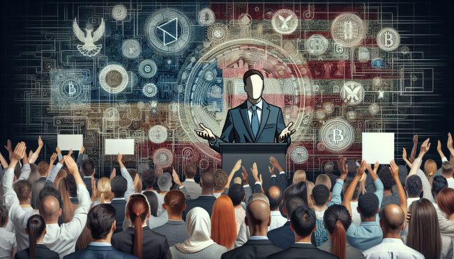 A scene depicting a U.S. Senator making a public statement about cryptocurrency regulation, with digital assets and blockchain symbols in the background, and a diverse group of people showing support.