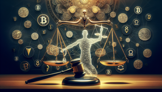 A courtroom scene with a gavel, scales of justice, and cryptocurrency symbols in the background, highlighting the legal battle between SEC and Abra.