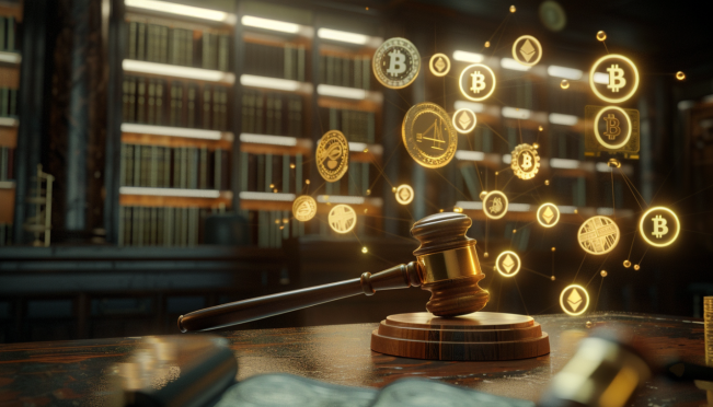 A courtroom with a gavel and digital currency symbols floating around, symbolizing the intersection of law and cryptocurrency, with a focus on compliance and regulation.