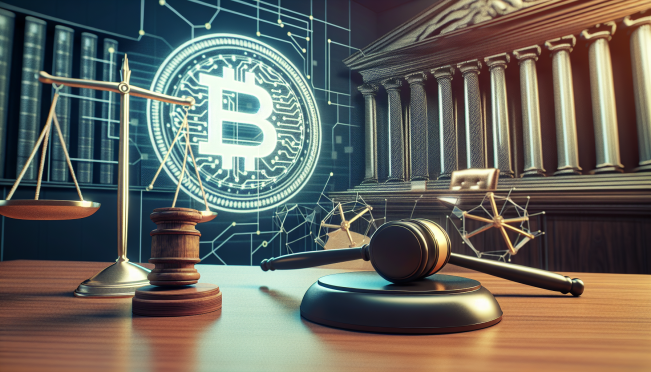 An image of a courtroom with a judge's gavel and the SEC logo in the background, symbolizing the legal challenges and controversies faced by the SEC in regulating the crypto industry.