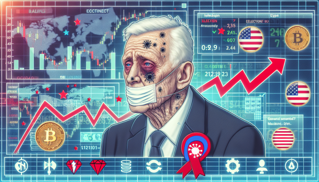 A digital illustration of President Biden with a COVID-19 diagnosis, set against a backdrop of fluctuating odds on a blockchain betting platform, featuring crypto symbols and election imagery.