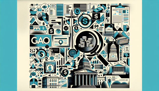 A complex illustration showcasing various symbols of government spending and management errors, including scattered dollar bills, a magnifying glass over a report labeled 'GAO', and abstract symbols representing fraud, overpayments, and recordkeeping issues, all set against the backdrop of iconic US government buildings.