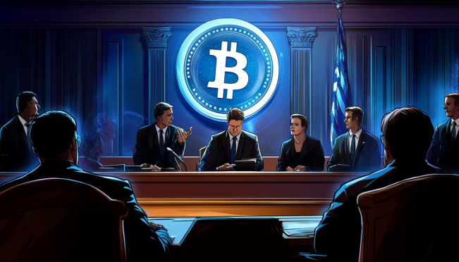 A courtroom scene with judges questioning a representative of the SEC about cryptocurrency regulations, with Coinbase's logo in the background and digital assets depicted symbolically.