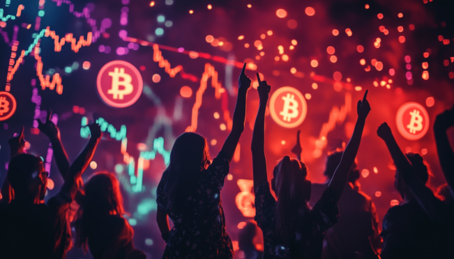 A dynamic graph showing the surge in Bitcoin millionaires, with a backdrop of Bitcoin symbols and a rising market chart. Include diverse people celebrating, symbolizing the new Bitcoin millionaires.