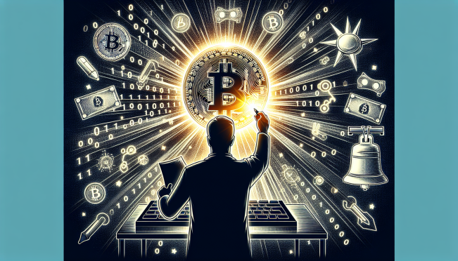 Illustration of a shining Bitcoin with Hal Finney's silhouette in the background, surrounded by symbols of freedom and digital technology, highlighting the intersection of cryptocurrency and human rights.