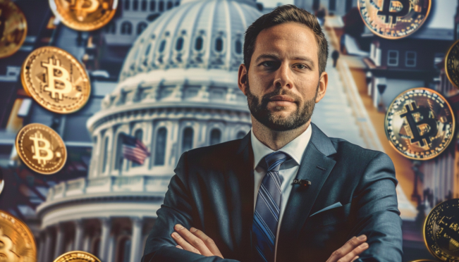 A dynamic visual showing Christopher Giancarlo speaking about digital assets, with a backdrop of the U.S. Capitol and digital currency symbols. The image should reflect the transition from traditional to digital finance, capturing the essence of legislative debates and innovation in the crypto space.