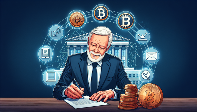 A digital illustration of President Joe Biden signing a veto, with a backdrop of the U.S. Capitol and symbols of cryptocurrency, such as Bitcoin and Ethereum logos, intertwined with traditional financial icons like balance sheets and bank buildings.