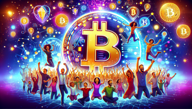 A vibrant and celebratory image capturing the essence of the Bitcoin halving event, featuring symbols of Bitcoin, a festive atmosphere with people celebrating, and futuristic elements representing the Runes protocol.