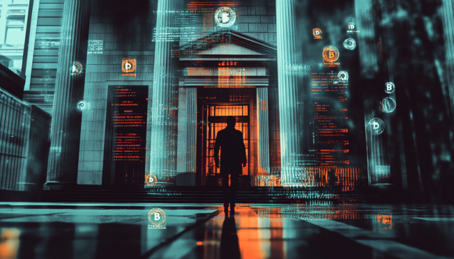 An image of a bank building with digital crypto symbols fading away, representing regulatory pressures forcing it to shut down, while a shadowy figure in the background symbolizes regulatory forces.