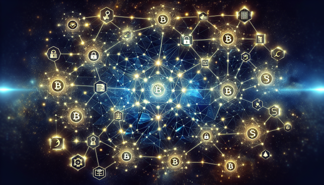 A dynamic representation of blockchain nodes connected by wrapped Bitcoin symbols, with a backdrop featuring the Sky logo and a subtle hint of governance voting elements. Include visual cues of custodianship and risk mitigation.