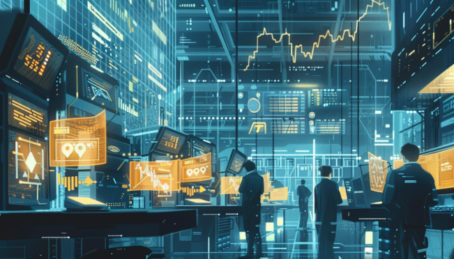 A dynamic illustration of Bitcoin miners working in a high-tech data center, with digital representations of stock market charts soaring upwards and AI symbols interwoven, highlighting the integration of AI ventures in a futuristic setting.