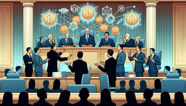 A courtroom scene with Coinbase and SEC representatives arguing over digital assets, with lawmakers watching intently. Background elements include blockchain symbols and digital currencies.