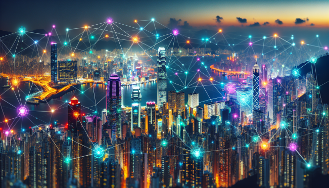 Hong Kong skyline with digital blockchain nodes overlay