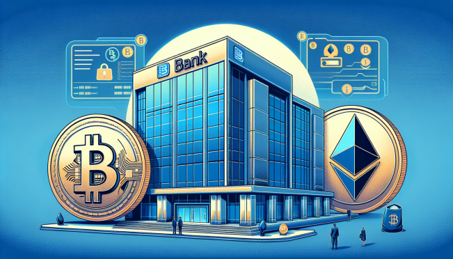 A large international bank building with the HSBC logo, juxtaposed with symbols of cryptocurrency like Bitcoin and Ethereum. The image should reflect a sense of tension and caution, perhaps with warning signs indicating scams and security measures.