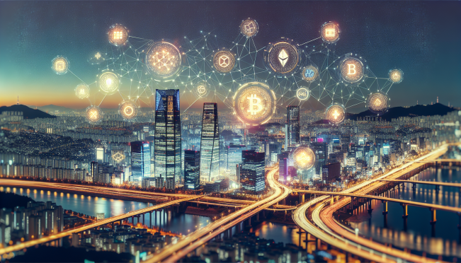 A futuristic skyline of Seoul with digital tokens and blockchain symbols overlaying the cityscape, illustrating the regulatory framework and protection laws in the cryptocurrency market.