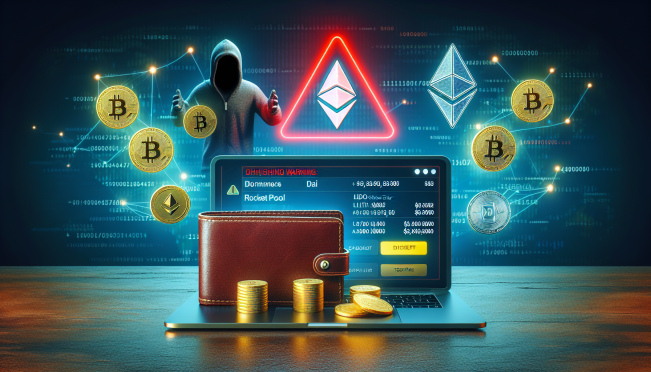 A digital wallet receiving funds, the cryptocurrency icons for Dai stablecoin, Lido Staked Ether, and Rocket Pool tokens, with a background showing a phishing warning and a hacker silhouette.