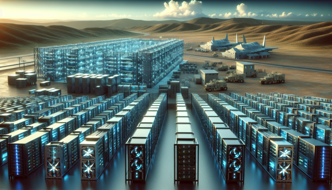 an illustration of a large crypto mining farm with numerous computers and servers, located in a desolate area with a military base visible in the background, highlighting the tension between technological advancement and national security