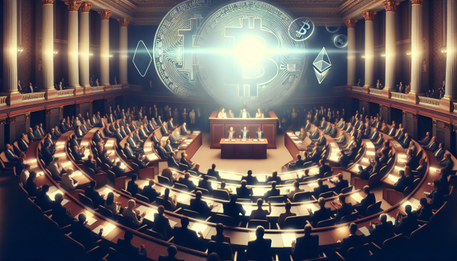 A dramatic scene with the House of Representatives in session, a spotlight on a document symbolizing President Biden’s letter, and digital cryptocurrency symbols like Bitcoin and Ethereum subtly integrated into the background.