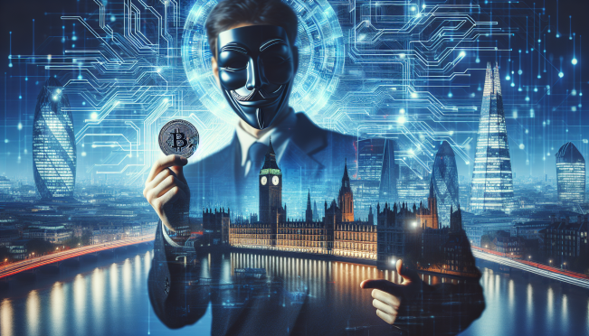 An engaging and futuristic image of London's skyline with digital blockchain patterns overlayed, featuring a stylized portrait of Brian Rose holding a symbolic 'London coin' against the backdrop, to represent his crypto-first vision for the city.