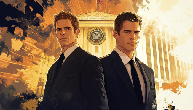 A dynamic illustration of the Winklevoss twins standing in front of a backdrop featuring the CFTC building and the Polymarket logo, with elements representing conflict and innovation in the cryptocurrency space.