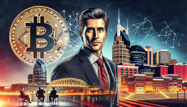 A dynamic image featuring Donald Trump, Bitcoin symbols, and a backdrop of the Nashville skyline. Include elements like a conference stage, high-profile GOP figures, and a digital representation of a fundraiser.